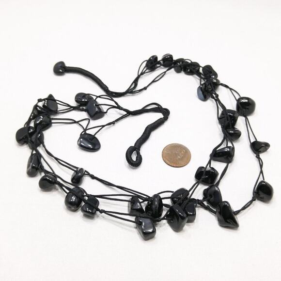 Vintage Black Gemstone Three Cord Necklace, Black Quartz, 23 Inches - Picture 6 of 10